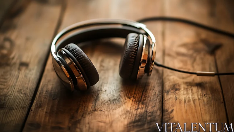 Closed-back wired headphones rest on worn wooden surface