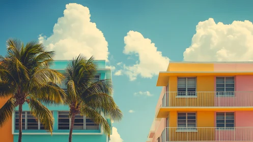 Colorful palm-lined apartments under bright summer sky.