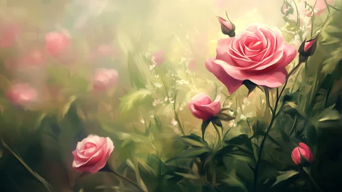 Pink Roses Dance Through Soft Golden Haze.