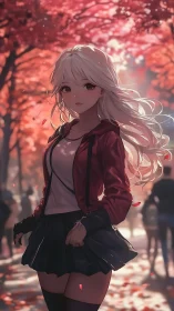 Blonde anime girl walks through autumn park in backlight