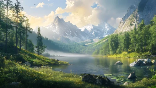 Sunlit alpine lake reflects distant snowcovered mountain peaks