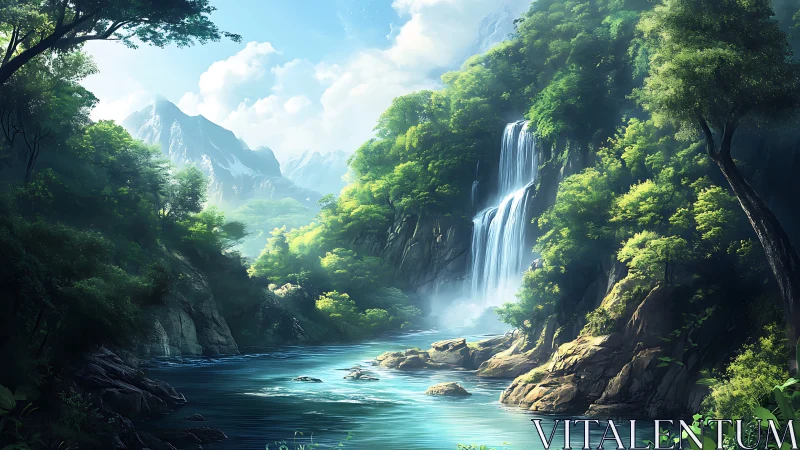 Sunlit waterfall carves a secret blue river through emerald cliffs