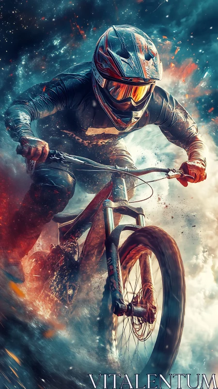 Helmeted cyclist rides off‑road bike through dense particles