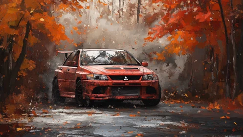 Red rally car cuts through dense autumn forest fog.