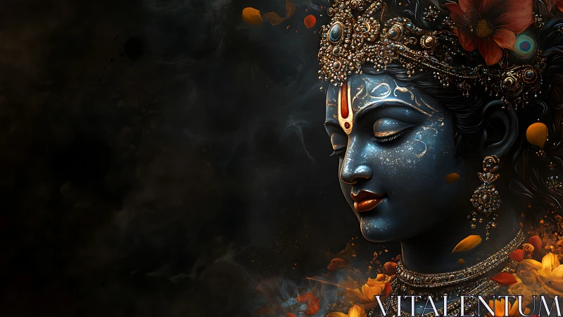 Digital portrait of blue-skinned figure with ornate jewelry.