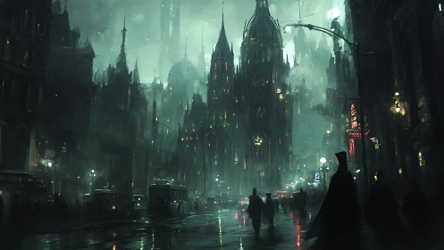 Gothic spires inhale neon fog above a haunted rainlit avenue