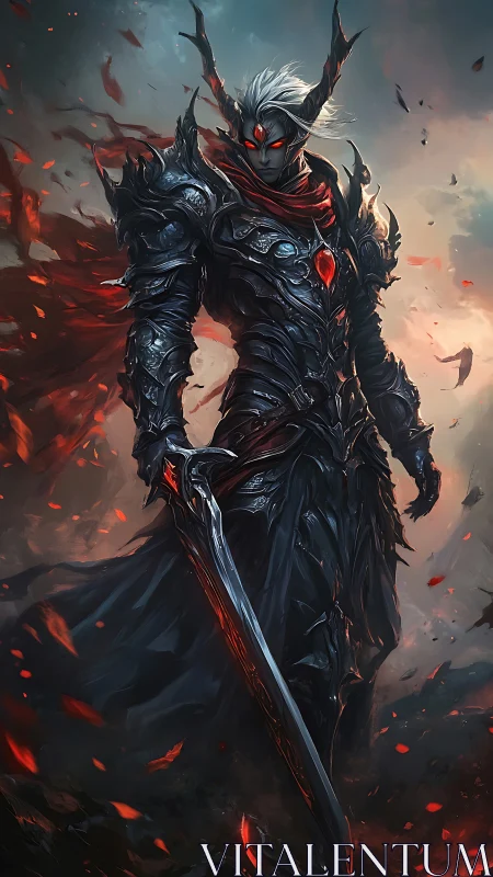 Dark horned knight in ornate armor with burning sword.