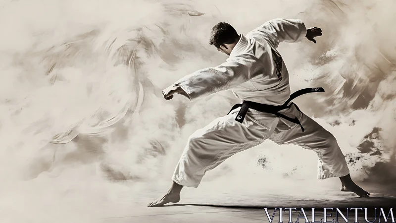 Martial artist executes dynamic side kick in stylized dust field.