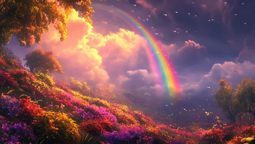 Dreamy rainbow valley glowing with soft evening light.