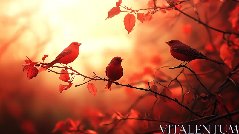 Crimson songbirds bask in molten autumn sunset glow.