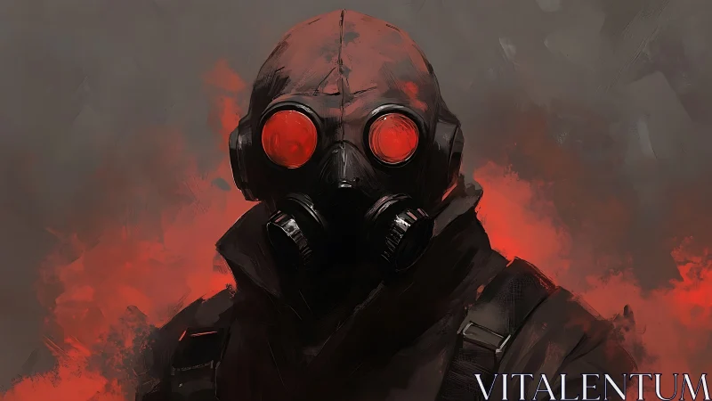 Masked figure in gas mask with red glowing lenses stands still.