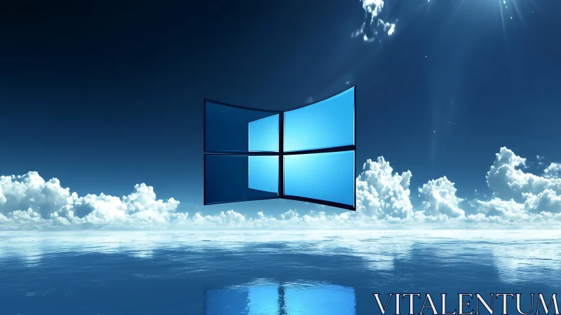 Windows style logo over reflective ocean under blue sky.