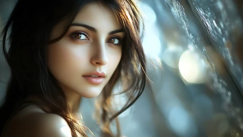 Soft light traces a serene woman’s reflective gaze by glass.