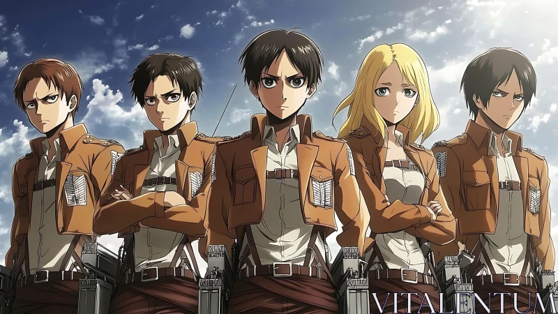 Determined anime squad stands united beneath bright skies.