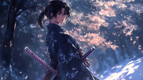Lone samurai beneath soft falling petals at dusk.