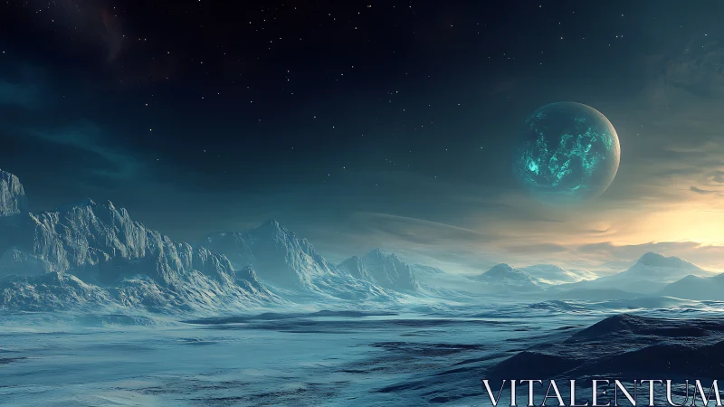 Cryogenic exoplanet landscape under luminous turquoise moon.
