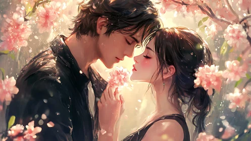 Two figures share intimate moment among blooming flowers.