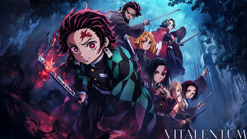 Brave anime swordsmen unite in a glowing forest battle.