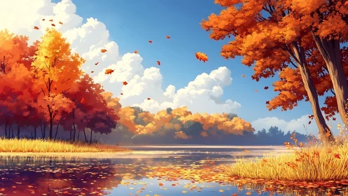 Bright autumn trees reflecting over calm lakeside water.