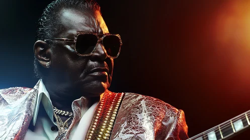 Blues guitarist in metallic suit under warm stage lights.