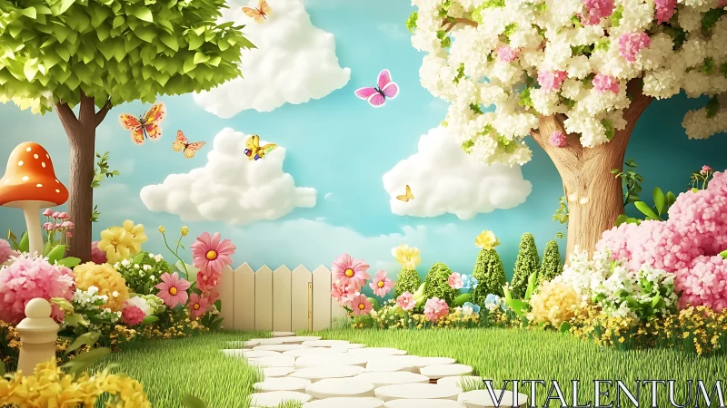 Whimsical 3D garden path with flowering trees and butterflies.