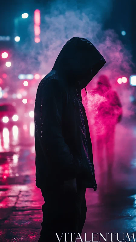 Hooded figure in neon lit urban street at night period