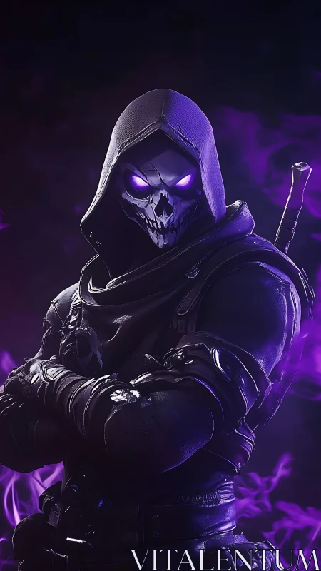 Hooded skeletal assassin with glowing violet eyes stands poised.