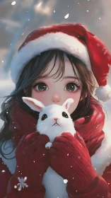 Girl in Santa hat holds white rabbit in falling snow