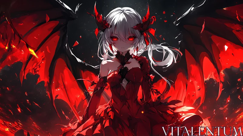 Red-winged horned girl in dark environment remains motionless
