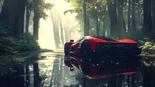 Crimson supercar idles in misty forest of mirrored pools.