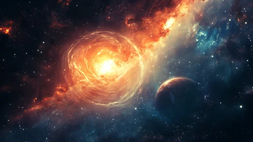 Fiery cosmic vortex glows beside distant dark planet