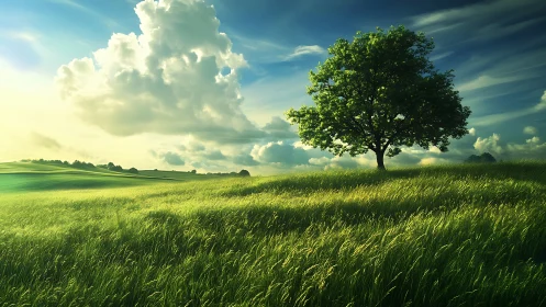 Lone green tree stands in glowing sunlit meadow under clouds.