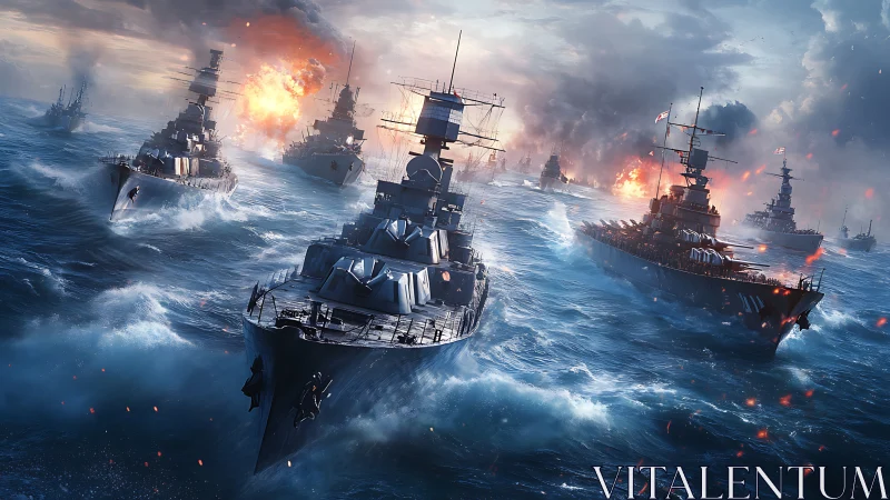 Warship armada charging through explosive ocean battle.
