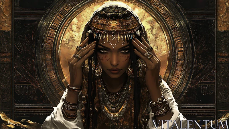 Golden-eyed mystic framed by radiant ancient circle.