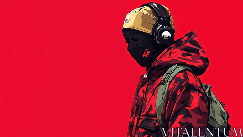 Streetwear figure in red camo hoodie against solid scarlet field