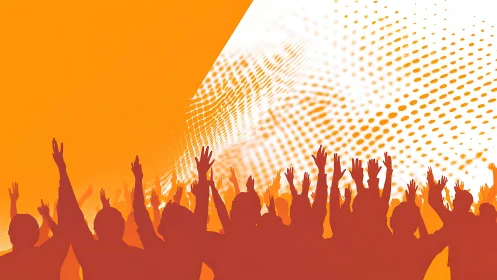 Silhouetted crowd celebrates under vibrant orange energy