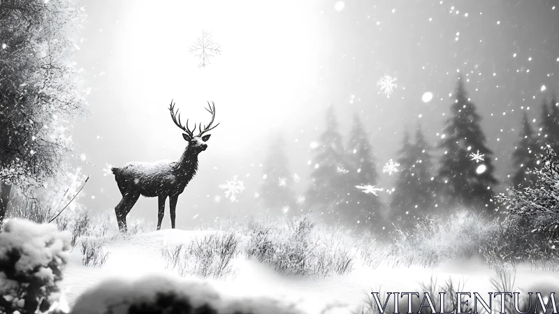 Stag in high-contrast monochrome snowfield under diffuse glow.