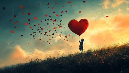 Child Holding Heart Balloon at Sunset.