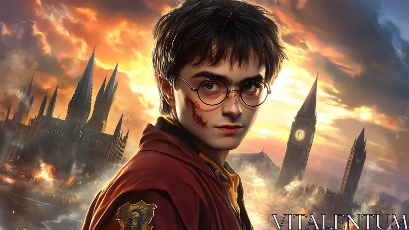 Battle-worn young wizard guards twin burning skylines.