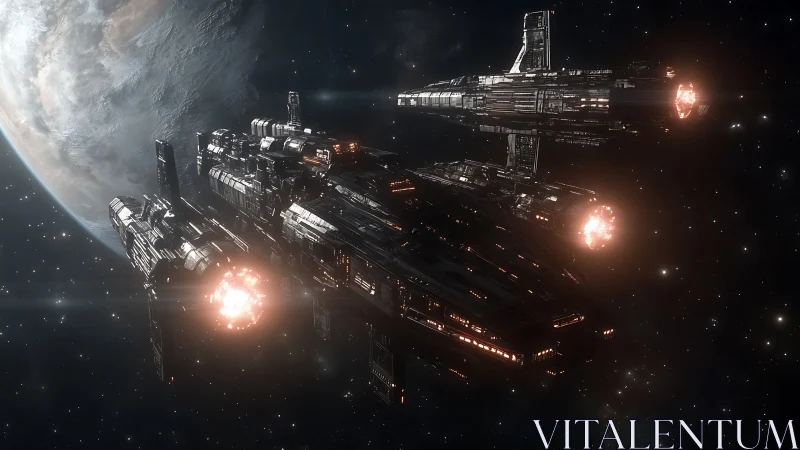 Armored starcruisers execute orbital maneuver in deep space