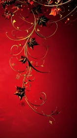 Red background with gold holly vine ornamental design.