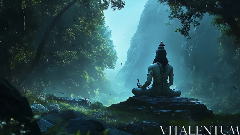 Meditating ascetic statue anchors misty forest gorge composition