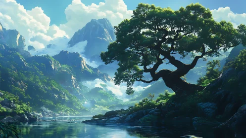 Bent old tree sketches poetry over mist-soaked mountains