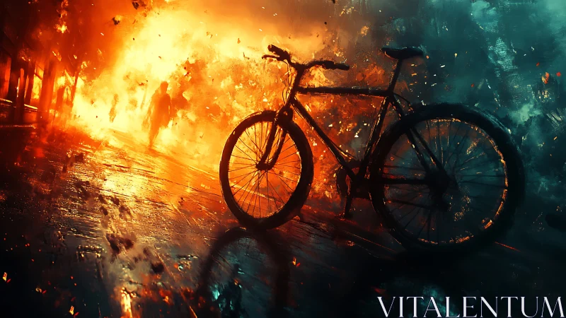 Bicycle silhouette against massive conflagration with dynamic thermal lighting and chromatic separat