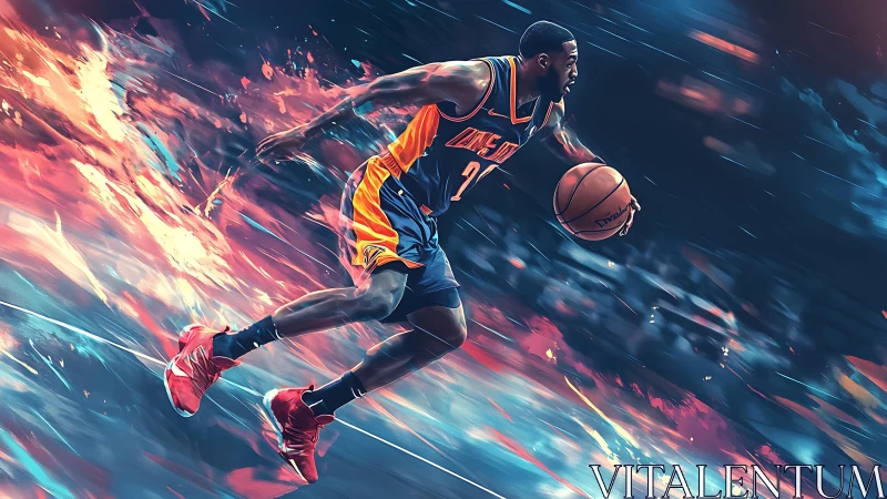 Basketball player drives forward in dynamic digital artwork.