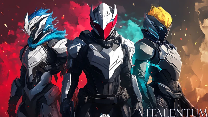 Armored trio stand united amid fire and neon storms