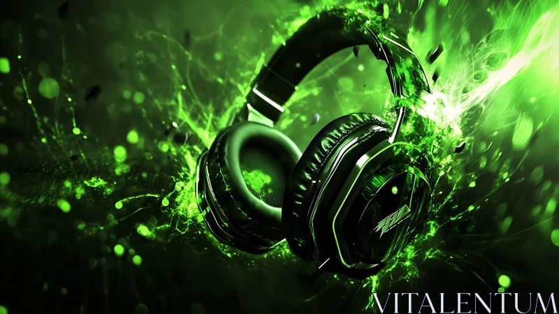 Green over-ear headphones amid abstract digital splashes.