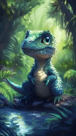Baby jungle dinosaur watches river in luminous light