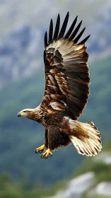 Golden eagle spreads powerful wings above misty mountains