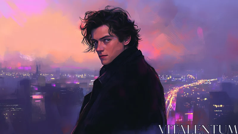 Brooding male portrait overlooks neon city at dusk in profile